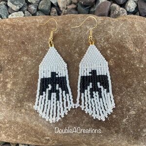 White and Black Thunderbirds Beaded Earrings with Fringe, New, Handmade by Me